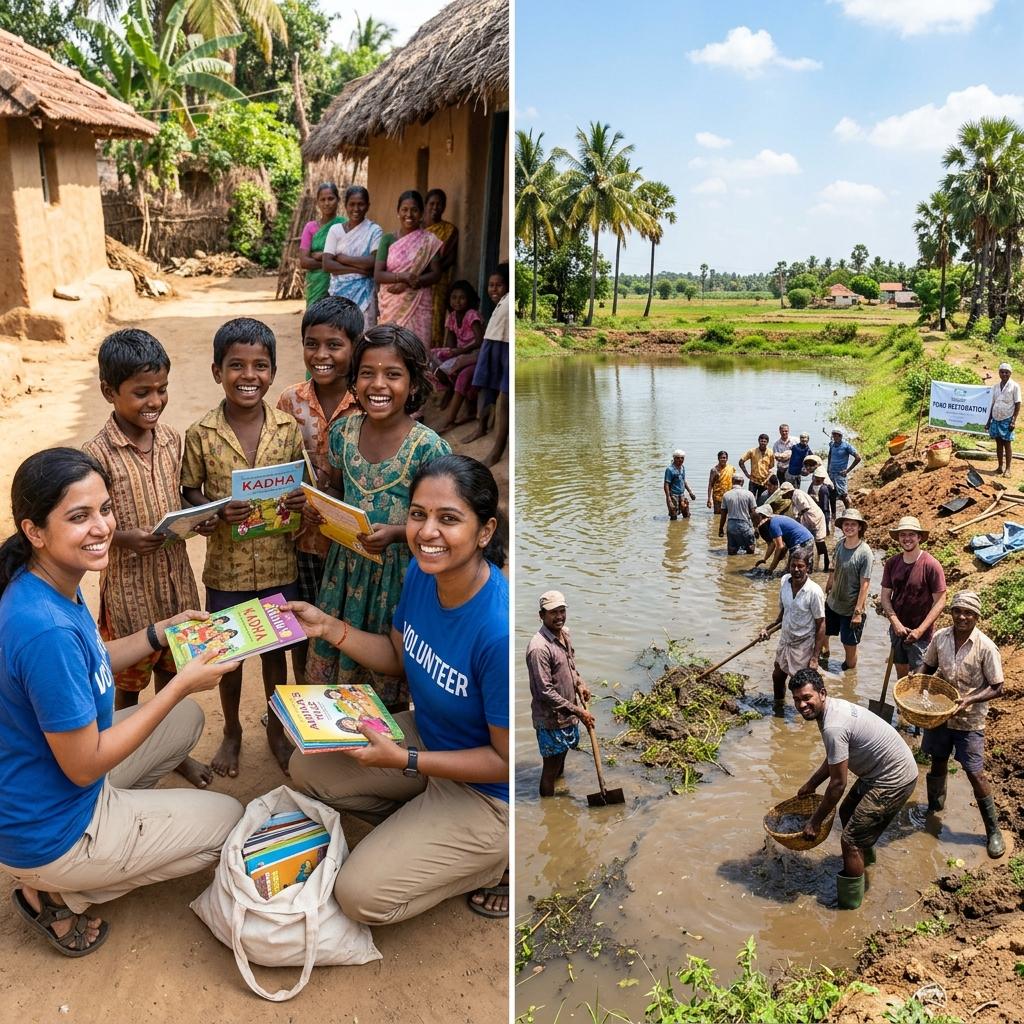 Volunteers distributing books and cleaning village ponds